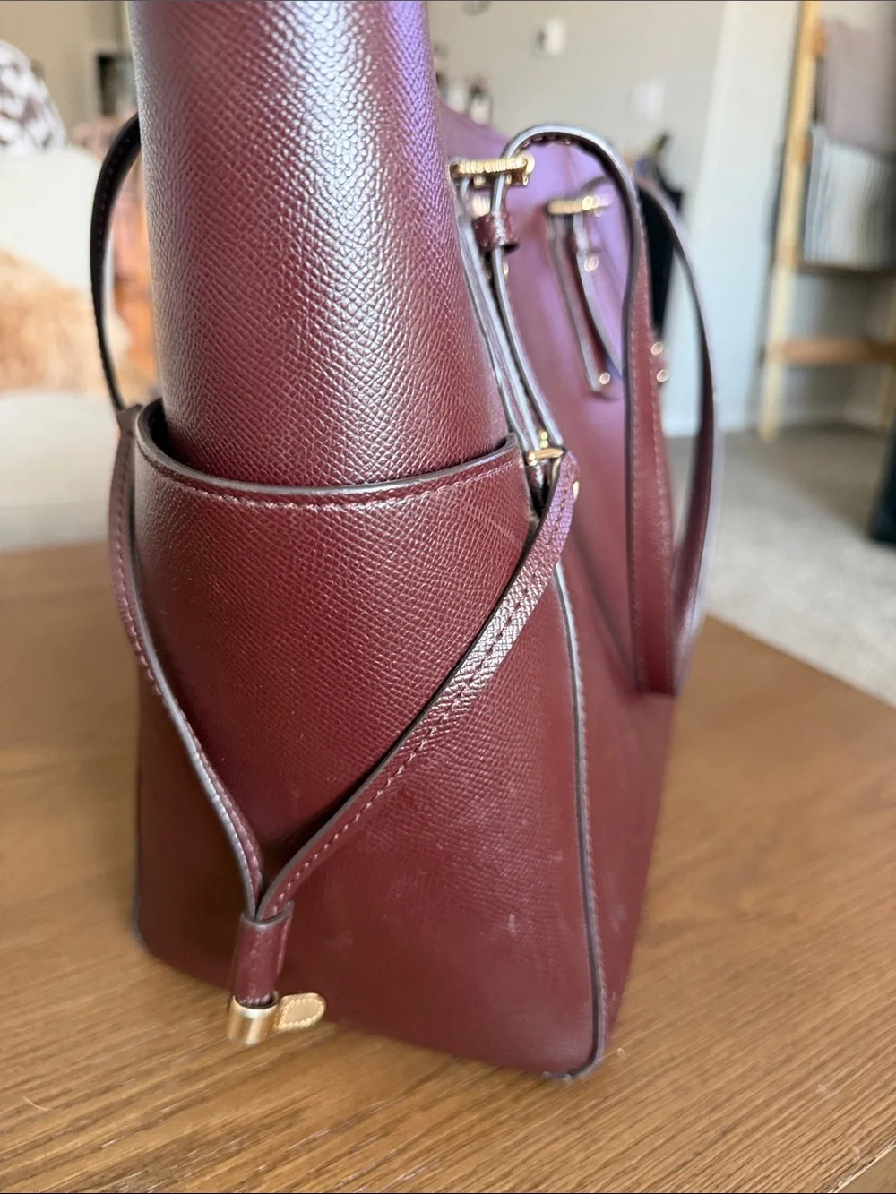 Michael Kors Maroon Saffiano Leather Tote with Gold Hardware